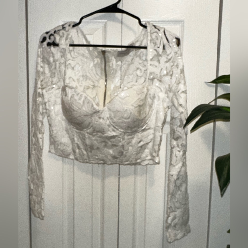 Naked Wardrobe White Lace Crop Blouse lace sequined crop top - Picture 2 of 4